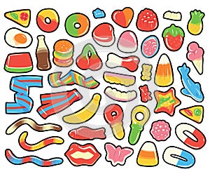 Collection of colorful cartoon gummy and jelly candies. Isolated hand drawn vector illustrations.