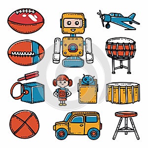 Collection colorful cartoon icons featuring toys objects. Toys include smiling robot, cheerful