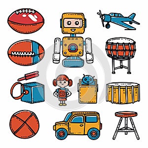 Collection colorful cartoon icons featuring toys objects. Toys include smiling robot, cheerful photo