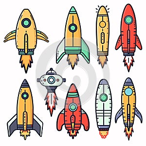 Collection colorful cartoon rockets launch, spacecraft, shuttle kids, space exploration theme