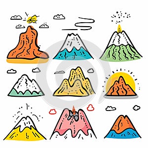 Collection colorful cartoon volcanoes erupting, dormant, various shapes. Vibrant handdrawn photo