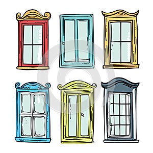 Collection colorful cartoon windows handdrawn, various architectural styles designs. Vintage