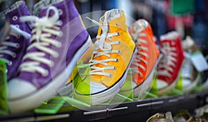 Collection of colorful casual gumshoes on shelves in fashion store photo