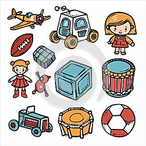 Collection colorful childrens toys game icons. Hand drawn illustrations include airplane, tractor