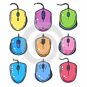 Collection colorful computer mice various shades. Cartoon style computer peripherals, vibrant photo