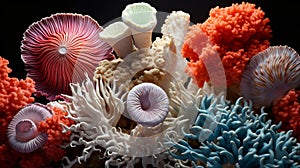 Collection of colorful corals on a dark backdrop. Concept of ocean biodiversity, coral taxonomy, and aquatic ecosystems