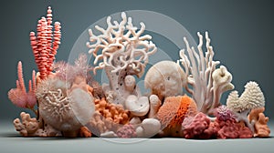 Collection of colorful corals on a grey backdrop. Concept of ocean biodiversity, coral taxonomy, and aquatic ecosystems