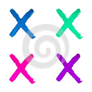 Collection colorful cross sign. Blue, green, pink, purple watercolor check mark on white background. Brush strokes hand drawn. Abs