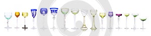 Collection of colorful crystal chalices and wineglasses