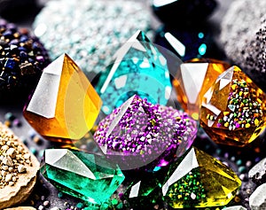 A collection of colorful crystals on a rocky surface.
