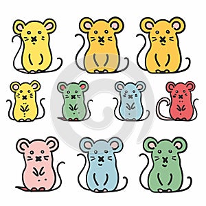Collection colorful cute cartoon mice different facial expressions emotions. Nine adorable mouse