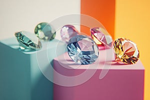 A collection of colorful diamonds arranged on a table surface