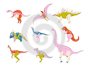 Collection of Colorful Dinosaurs, Pterodactyl, Carnotaurus, Styracosaurus, Diplodocus, Compsognathus, Brachiosaurus