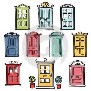 Collection colorful doors various designs cartoon style. Set handdrawn house entrances, urban photo