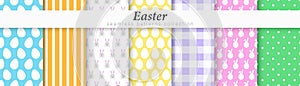 Collection of colorful Easter seamless patterns. Holiday repeatable cute backgrounds - delicate design. Endless fabric prints.