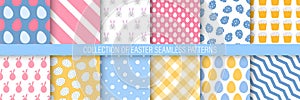 Collection of colorful Easter seamless patterns. Holiday repeatable cute backgrounds. Vector illustrations
