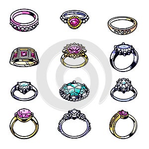 Collection colorful engagement rings, various designs, precious stones, jewelry. Assorted rings