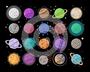 Collection of colorful fantasy planets. Isolated on black background.