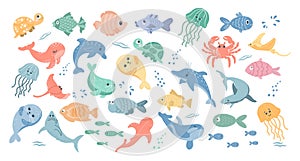 Collection of colorful fishes and sea animals. Icons in cartoon style for children