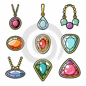 Collection colorful gemstone pendants necklaces accessories fashion jewelry isolated white photo