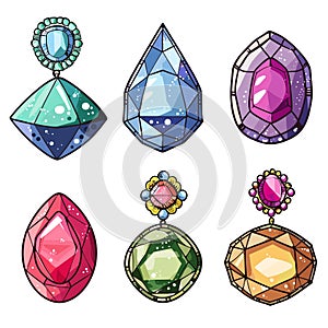 Collection colorful gemstones vector illustration. Various shapes, cuts, jewels decoration