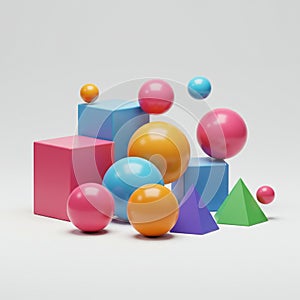 A collection of colorful geometric shapes is arranged against a neutral background. photo
