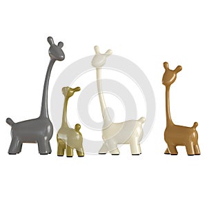 A collection of colorful giraffe figurines on a white background. 3d rendering