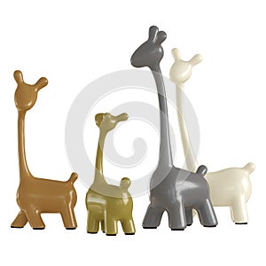 A collection of colorful giraffe figurines on a white background. 3d rendering