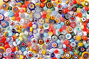 Collection of colorful glass beads. Colored Venetian, Murano glass, millefiori.