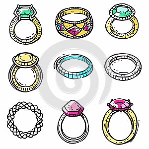 Collection colorful handdrawn engagement rings, various gemstones featured. Nine unique designs