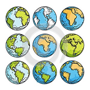 Collection colorful handdrawn globes featuring various continents. Cartoon style earth photo