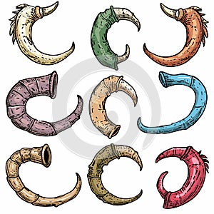 Collection colorful handdrawn horns various shapes colors, artistic sketch style, fantasy mythical
