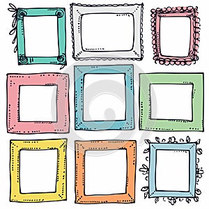 Collection colorful handdrawn picture frames, artistic designs diverse shapes. Frames set quirky