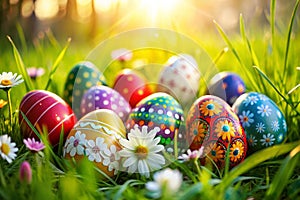 Colorful handmade Easter eggs in grass