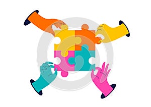 Collection of colorful hands holding jigsaws. Solving problems together, social media, communication theme website