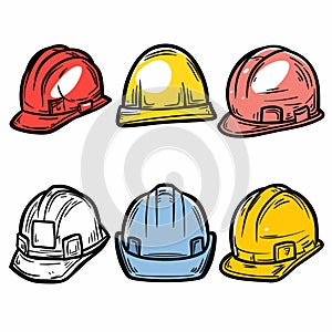 Collection colorful hard hats, safety helmets used construction, engineering. Handdrawn cartoon