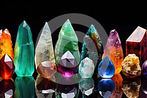 collection of colorful healing crystals on a glass surface