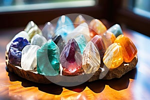 collection of colorful healing crystals on a glass surface