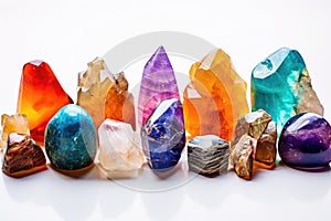 collection of colorful healing crystals on a glass surface