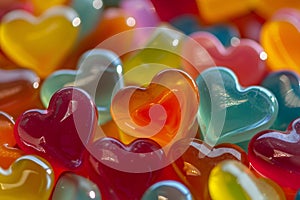 A collection of colorful heart-shaped gummy candies, shimmering with a glossy sheen