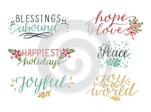 Collection with 6 colorful Holiday cards made hand lettering Blessings abound. Peace. Joy to the world. Joyful. Hope and photo