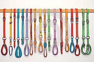 collection of colorful horse reins on a wall