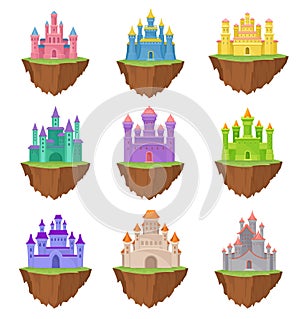 Collection colorful island castles on white background.