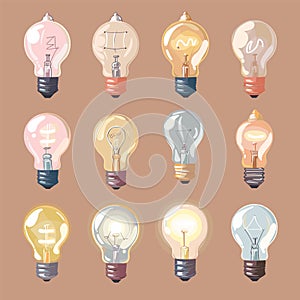 Collection colorful light bulbs showcasing various designs against single color background. Light