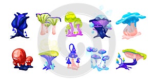 Collection of colorful magical fairytale mushrooms growing in enchanted forest. Set of exotic natural fantasy design photo
