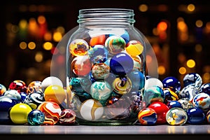 a collection of colorful marbles in a glass jar