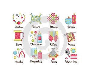 A collection of colorful modern cartoon outlined icons for various kinds of handmade, diy and craft activities.