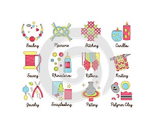 A collection of colorful modern cartoon outlined icons for various kinds of handmade, diy and craft activities. photo