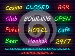 Collection of colorful neon casino and entertainment font and icons