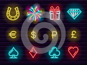 Collection of colorful neon casino and entertainment icons